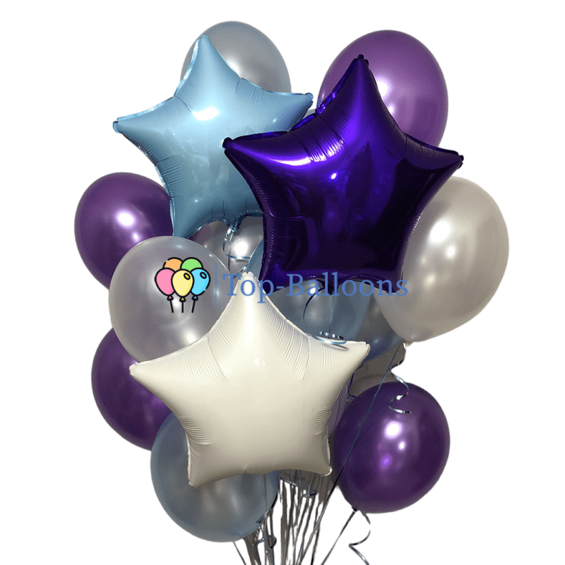 Фонтан из 15 шаров Голубой Фиолетовый Белый